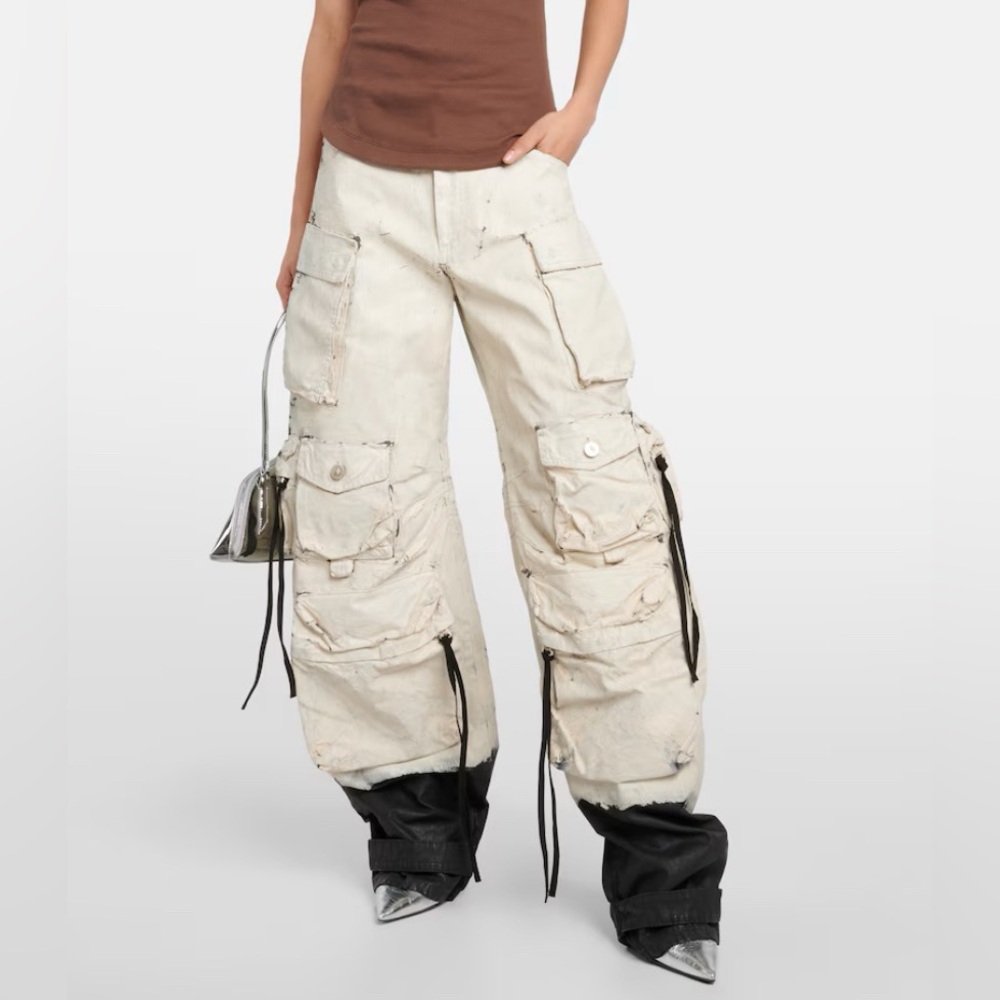 The Attico Cream Wide-Leg Cargo Jeans with Black Hem Detailing